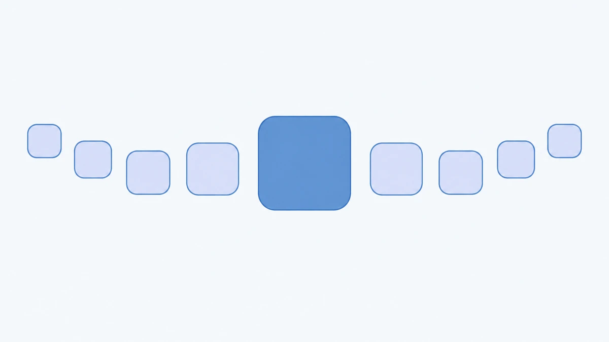 Eight small rounded tiles in two gentle arcs, leading to one larger blue tile in the centre.
