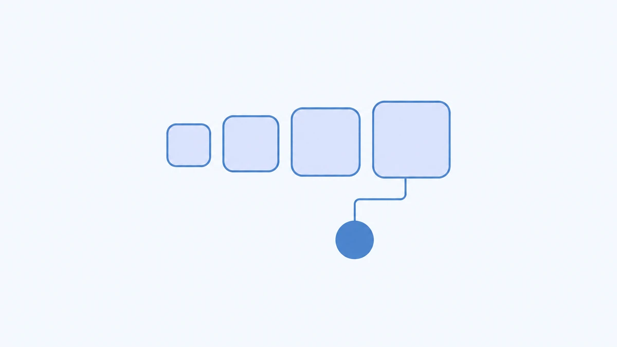 Four rounded tiles in a rising row with a thin line stepping down into one round disc