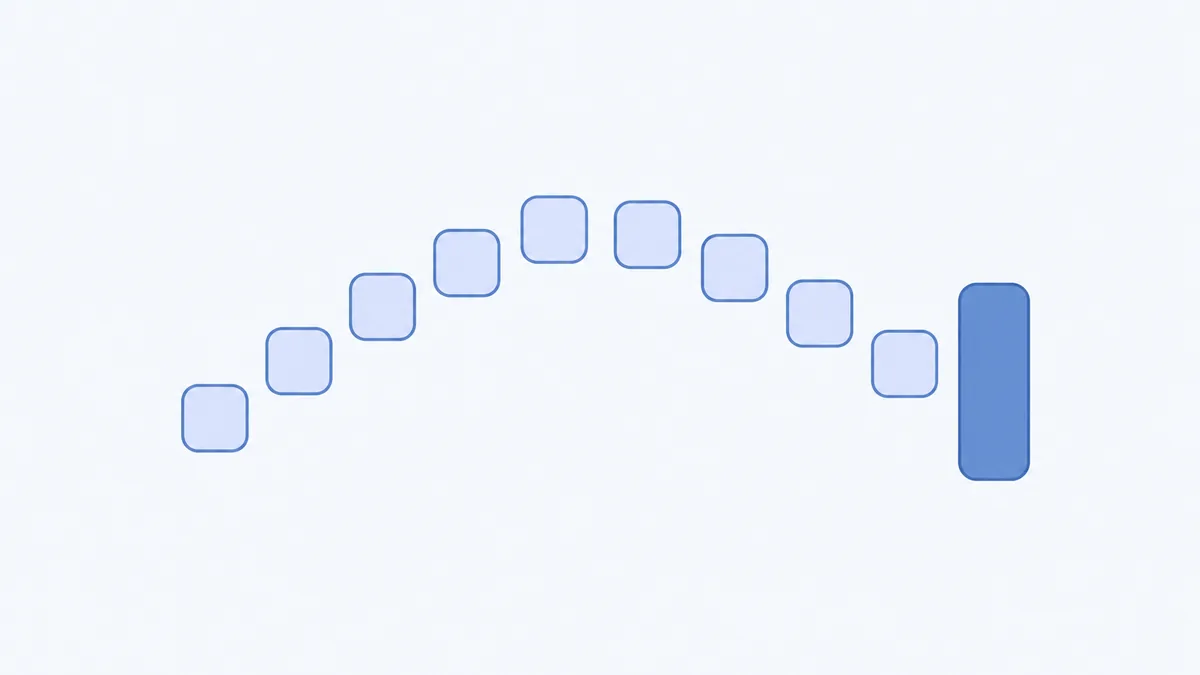 A soft arc of small rounded tiles leading to one tall rounded bar on its own