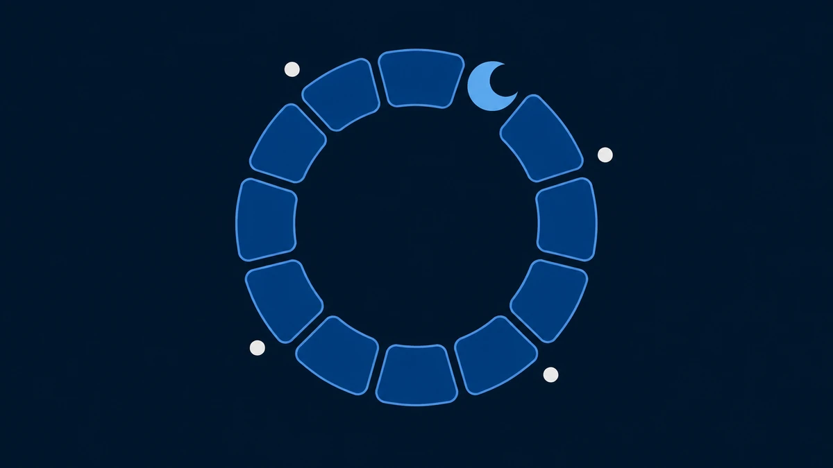 A crescent disc on a soft arc between two ring segments, apart from the other small discs