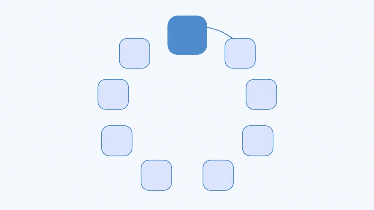 A ring of nine rounded tiles with one tile filled, linked to the next by a thin arc
