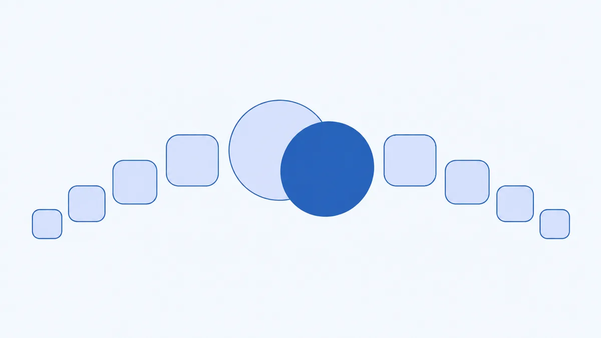 Eight small rounded tiles in an arc leading to two overlapping discs, the front one in solid blue